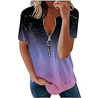 Women's Zipper V Neck Short Sleeve Tunic Tops Loose Fit Floral Print Blouses 2024 Fashion Casual Summer Tshirt Pullover Tees