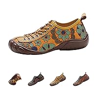 Women's Leather Comfort Casual Shoes,Round Toe Vintage Floral Print Non-Slip Oxford Softsole 8-Eye Orthotic Dress Flats