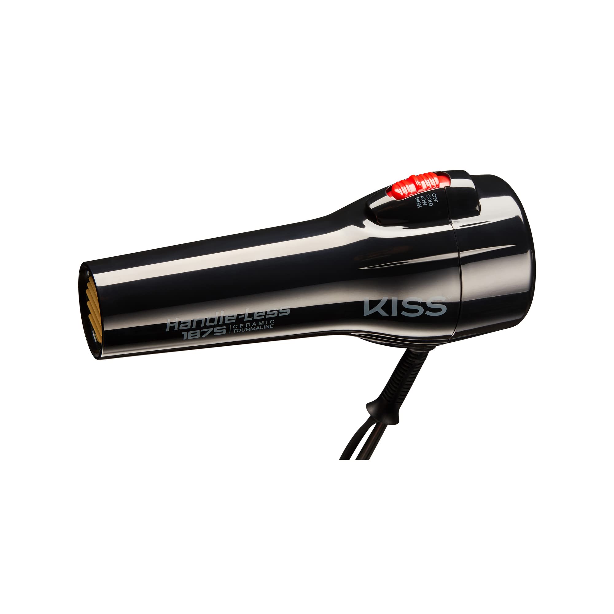 KISS Handle-Less 1875W Ceramic Tourmaline Hair Dryer, Effortless Styling Precision Blow Dryer, Cool Touch Nozzle, Triple-Layer Heat Insulation Technology, Heat Resistant Cap, 3 Styling Attachments