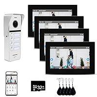 Wired Apartment Video Doorbell System 4 Units 7 Inch Touch Monitor Video Doorbell System,Wireless Video Door Phone Kit, Indoor Outdoor Support Monitoring,Unlocking,Dual Way Intercom for Home Vally
