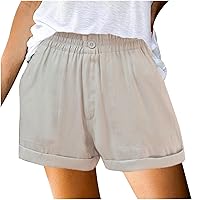 Womens Cuffed Hem Cotton Linen Casual Button Fly Shorts Summer Elastic High Waist Loose Fit Dressy Solid Shorts