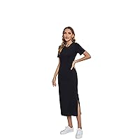 Maxi T Shirt Dress Women 2024 Summer Casual Beach Cotton Slit Black Bodycon Sun Basic Long Dresses Plus Size (US, Alpha, X-Large, Regular, Regular, Black)