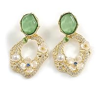 Crystal Pearl Floral Irregular Oval Drop Earrings in Gold Tone - 50mm L