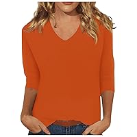 Womens Tops V Neck Solid Color 3/4 Sleeve T Shirt Loose Fit Fashion Blouse New Years Top New Years Eve Top