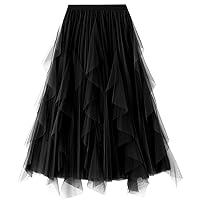 Women's Tulle Skirt Formal High Low Asymmetrical A-Line Fairy Elastic Waist Layered Long Midi Skirts