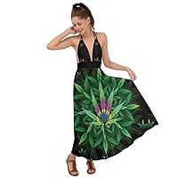 CowCow Womens Marijuana Cannabis Leaf Plant Marihuana Leaves Party Backless Maxi Beach V Neck Dress, XS-3XL