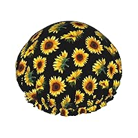 Sunflower Flowers Plants Black And Yellow Print Women'S Lightweight, Soft And Reusable Shower Cap For Women Long Hair Breathable