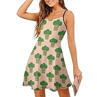 Cute Cartoon Broccoli Women Sling Dress Sleeveless Strap Swing Sundress Printed Mini Dress