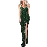 XUNRYAN Women Spaghetti Strap Sequin Dress Sexy Bodycon Camis Maxi Dresses High Slit Cocktail Evening Ball Gown Outfits