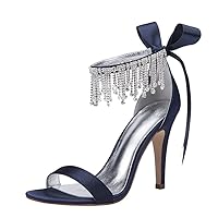 Womens Back Strap Heeled Sandals Rhinestones Silver Satin Wedding Bride Dress Party Evening Shoes 10.5CM Job Shoes Open Toe
