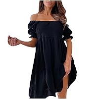 Women Summer Off Shoulder High Waist Dress Casual Puff Sleeve Smocked Comfy Plus Size Dresses Solid A-Line Trendy Sundress