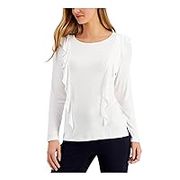 Charter Club Womens White Stretch Ruffled Long Sleeve Jewel Neck Wear to Work Top Petites PM