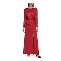 Vince Camuto Womens Red Metallic Gathered Zippered Slitted Long Sleeve Boat Neck Full-Length Evening Gown Dress 14P