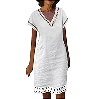 Plus Size Cotton Linen Dresses for Women Lace Panel V Neck Short Sleeve T Shirt Dress Plain Loose Flowy Beach Dress