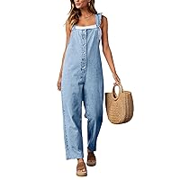 Tongmingyun Women's Loose Denim Overalls Jumpsuits Ruffle Sleeve Button Down Straight Leg Jeans Long Rompers