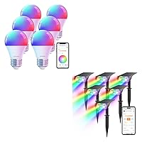 Smart WiFi Light Bulbs, Work with Alexa & Google Home, RGBTW Bulbs, No Hub Needed, 6 Pack Smart Solar Lights Outdoor, Multicolor APP Control Solar Spotlights Outdoor Waterproof IP65