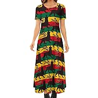 Rastafarian Flag Women's Short Sleeve Crewneck Dress Casual Long Maxi Dresses