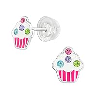 AUBE JEWELRY Hypoallergenic 925 Sterling Silver Little Sweet Foods Cupcake Stud Earrings Adorned with Crystal with Silicone Coated Push Backs for Girls and Women