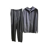 Women's 100% Cashmere Knitted Set Long Sleeve Zipper Loose Hoodies Cardigan Tops And Elastic Waist Pants