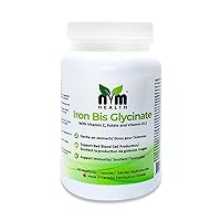 Iron Bisglycinate for Adults with Vitamin C, B12, Folic Acid - Iron Supplements for Red Blood Cell Formation & Immunity - 90 Vegeterian Capsules, Gluten Free