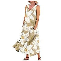 Spring Dresses for Women 2024 Printed Vacation Dress with Pocket Sleeveless Swing Beach Dress Casual Flowy Dresses