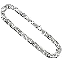 Sterling Silver Flat Mariner Link Chain Necklaces & Bracelets 7.2mm Nickel Free Italy, sizes 7-30 inch