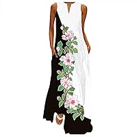 Women's Maxi Dresses for Summer V-Neck Dress Split Hem Baggy Kaftan Long Dress Print Cotton Linen Dress Maxi