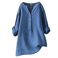Plus Size Summer 3/4 Sleeve Cotton Linen Tunic Tops V Neck Button Blouses Casual Loose Fit Oversize T-Shirts for Womens