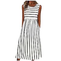 Women's Summer Dresses 2023 Casual Stripes Printed Sleeveless Sling Round Neck Dress Khaki