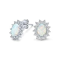 Vintage Estate Style Jewelry Oval Created Orange Fire White Opal Crown Halo CZ Stud Earrings For Women .925 Sterling Silver 12MM October Birthstone