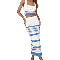 Easter Dress for Women,2023 Summer Women's Clothing New Square Striped Hollow Suit Short Vest Slit Long Skirt F