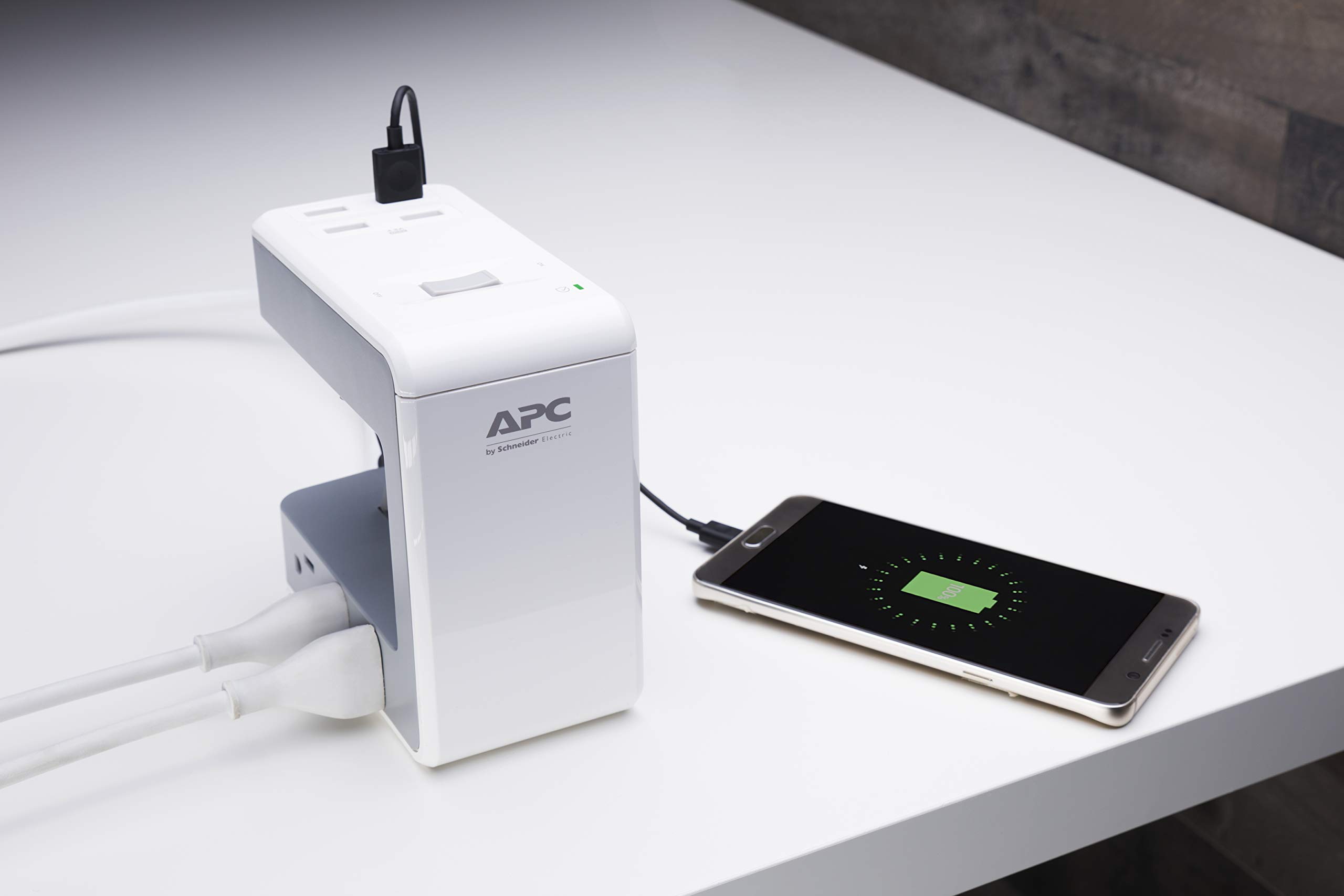 APC Desk Mount Power Station PE6U4W, U-Shaped Surge Protector with USB Ports (4), Desk Clamp, 6 Outlet, 1080 Joules