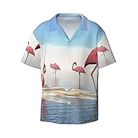 Flamingos by The River Men's Summer Short-Sleeved Shirts, Casual Shirts, Loose Fit with Pockets