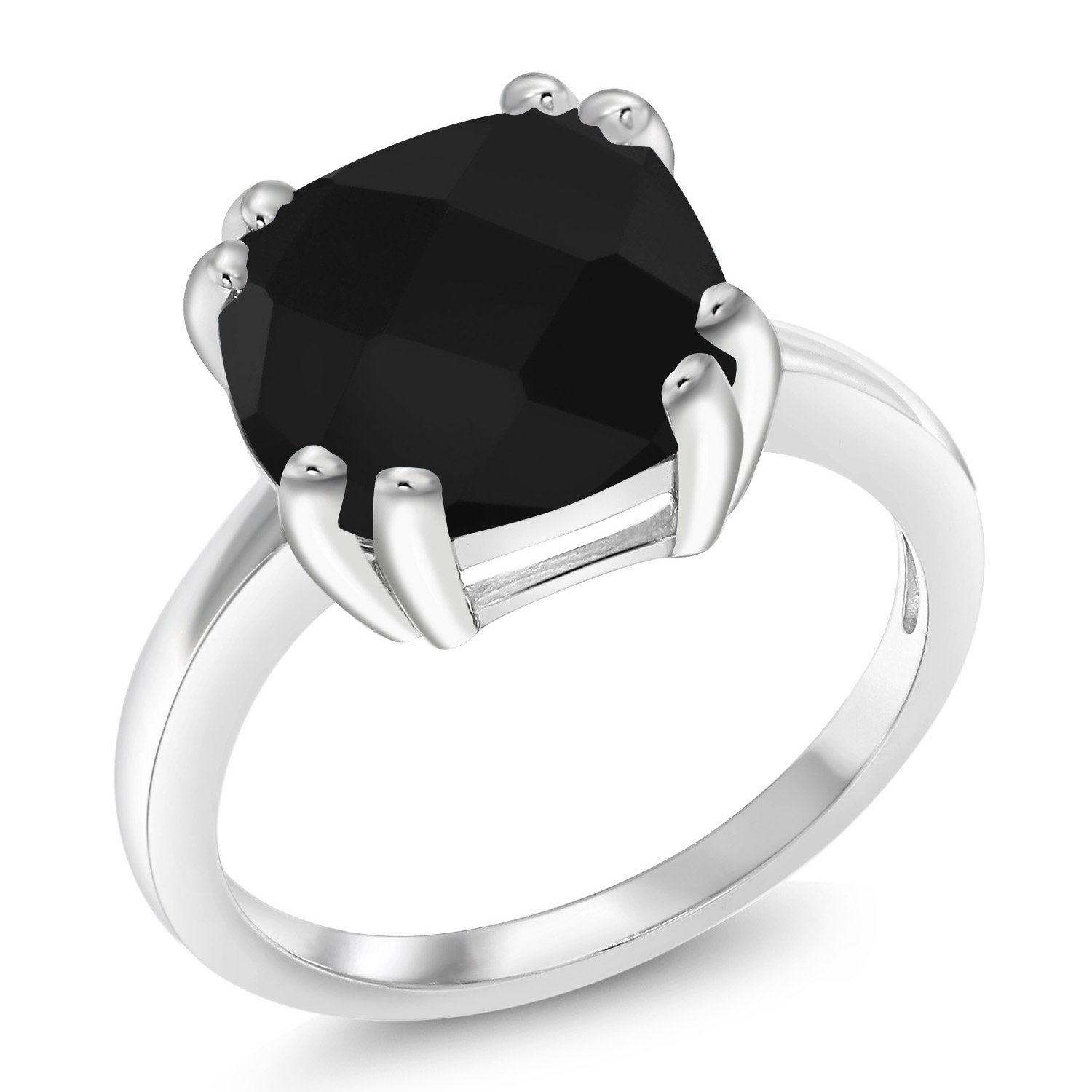 Gem Stone King 925 Sterling Silver Black Onyx Engagement Double Prong Ring For Women (3.60 Cttw, Cushion Checkerboard 10MM, Gemstone Birthstone, Available In Size 5, 6, 7, 8, 9)