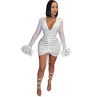 Long Sleeve Dress for Women Formal Ladies Dress V Neck Feathered Sleeve Nightclub Sequined Party Sexy A Line