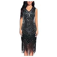 Plus Size Women 1920s Vintage Fringed Sequin Art Deco Dress Tassels Sleeveless V-Neck Cocktail Gatsby Flapper Dress