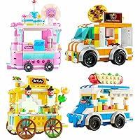 4 Packs Food Cart Building Block Toy City Street View Building Bricks Set Include Dessert Cart, Hot Dog Car, Building Block Sets 672PCS