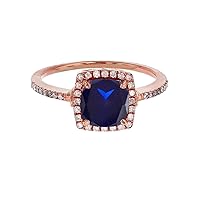 Sterling Silver Rose 7mm Cushion Created Blue Sapphire & Created White Sapphire Halo Ring