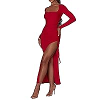 Women's Square Neck Long Sleeve Dress Split Drawstring Bodycon Ruched Long Maxi Dress Sexy Party Dresses