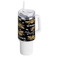 Hohey Bee Golden Embroidery 40 oz Tumbler with Lid and Straw Kids Stainless Steel Water Bottle Wide Mouth Mug With Lid for Man & Woman Gift