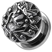 Embossed Lion Face with Cz Stone Design Stainless Steel Flesh Tunnel Gauge Ear Piercing