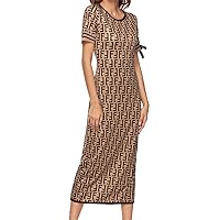 Women Short Sleeve Work Business Boat Neck Midi Floral Loose Tunic Dress(Brown,XL)