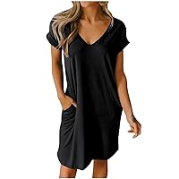 T Shirt Dress Women Loose Fit V Neck Short Sleeve Summer Tshirt Dress Casual Solid Color Basic Tunic Mini Dress with Pockets