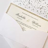 50Pcs Elegant Wedding Invitations by Picky Bride White Invitation Pockets with Gold Glitter Invitation Cards for Wedding/Bridal Shower/Birthday Party 127x185mm - Set of 50 pcs
