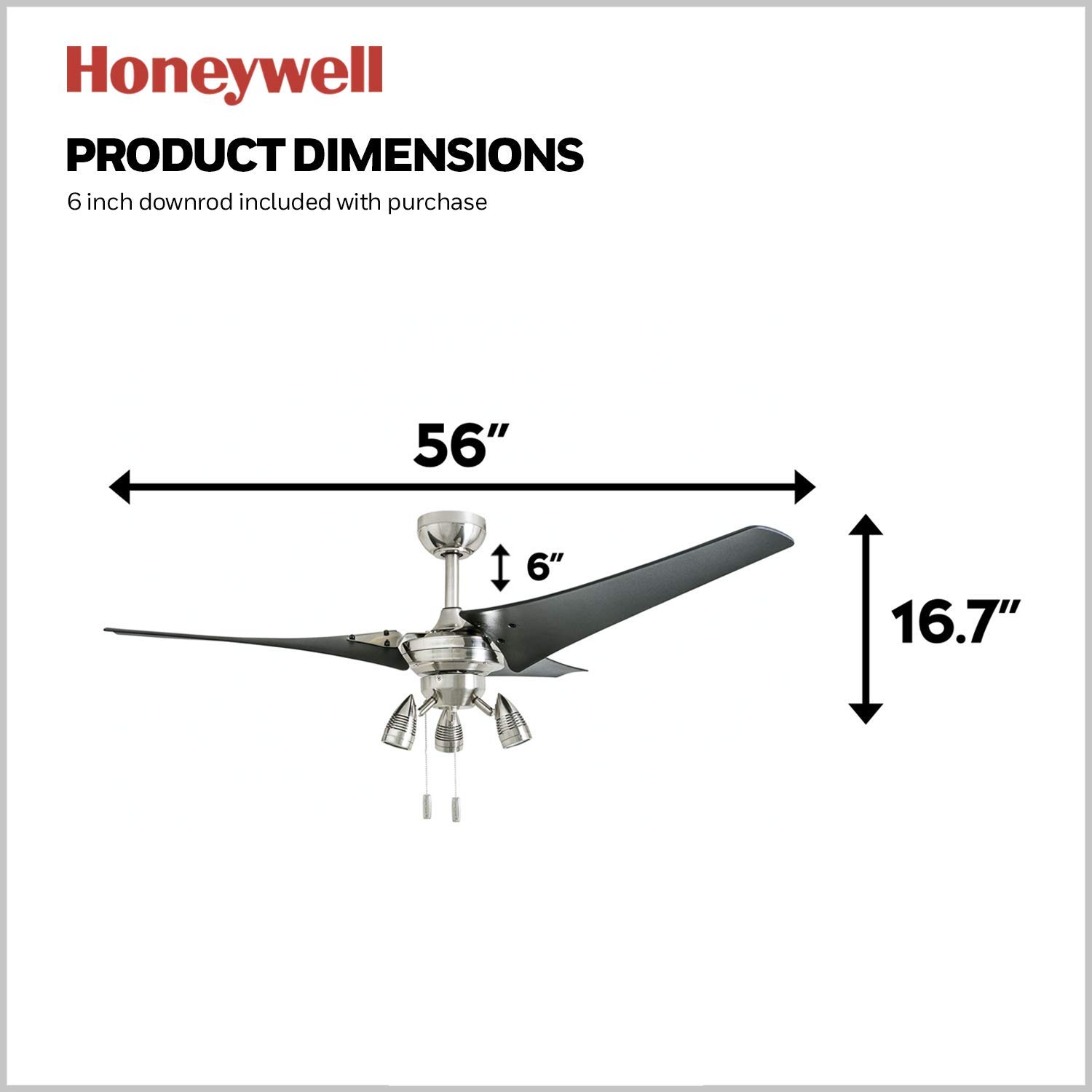 Honeywell Ceiling Fans Phelix - 56-in Dual Mount Indoor Fan with Pull Chain - LED Ceiling Fan with Light - Contemporary Room Fan with Black ABS Blades - 50611-01 (Brushed Nickel)