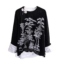 Retro Chinese Style Embroidered Top Women' Autumn Loose Neck Button Contrast Cuffs