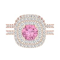 Clara Pucci 1.8ct Round Cut Simulated Pink Diamond 14K Rose Gold Halo Solitaire W/Accents Engagement Bridal Wedding Ring Band Set