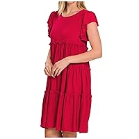 Summer Dresses for Women 2023 Casual Ruffle Bell Sleeve Round Neck Smocked Tiered Ruffle Shift Mini Babydoll Dresses