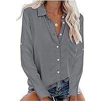 Andongnywell Women Solid Color Long Sleeve V Neck Shirts Button Down Basic Tops V-Neck Button Shirt