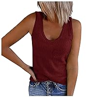 Womens Tops Summer Casual Ribbed Sleeveless Basic Cami Tops Slim Fit Henley Rank Tops Trendy U Neck Workout Tops